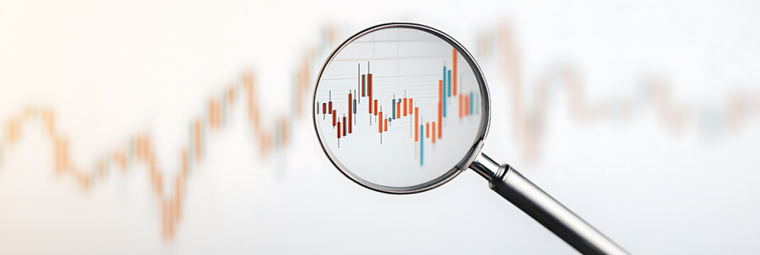 Analyzing stock trends with a magnifying glass over a financial chart, focusing on market data and investment analysis. Technical analysis in action.