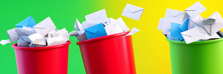 Three bins overflow with letters, representing digital clutter and the need for effective email management.
