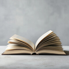 Obraz premium Open book with pages flying against gray wall