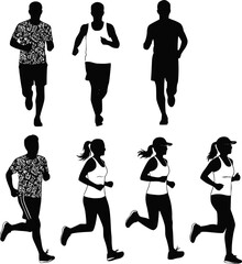 Obraz premium Running men and women, isolated vector silhouettes. Run, side view. Silhouettes of athletic looking male and female runners running. EPS 10 version.