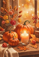 Autumn still life with pumpkins, candle, and flowers on wooden table  