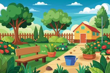 Rural landscape with a house and garden, featuring a cartoon illustration of a village home with trees under a summer sky