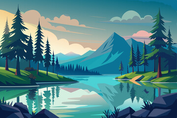 Serene mountain lake landscape reflecting the summer sky and surrounding forest