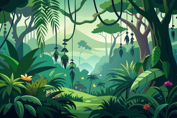 Vibrant tropical foliage forms a seamless green pattern, illustrating a lush forest background with exotic leaves and flora