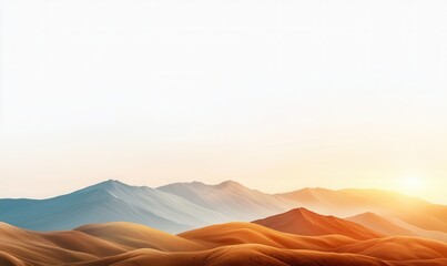 Naklejka premium Sunset casts warm hues over a minimalist mountain range silhouette. Rolling hills and rocks create a tranquil foreground, enhancing the serene atmosphere of the landscape