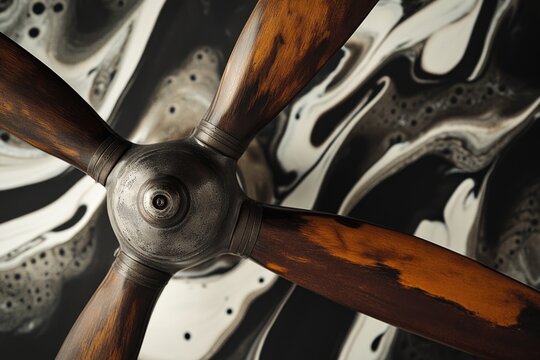 A close-up of a vintage airplane propeller with wooden blades against a black and white abstract background. - Powered by Adobe