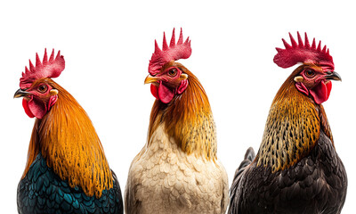 Three roosters with different colors in profile view isolated on transparent background.