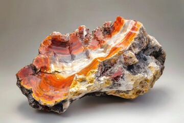 A layered agate stone featuring reds, oranges, white, and grays, against a neutral background, showcasing its unique mineral composition and geological formation.