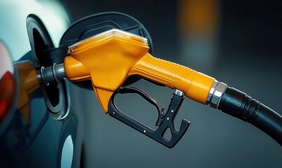 A yellow fuel pump nozzle is actively filling the gas tank of a car at a gas station. The setting highlights the convenience of refueling during daytime