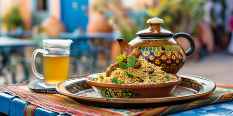 Moroccan tagine with couscous and mint tea on a traditional tray, colorful streets of Marrakech medina in the background.