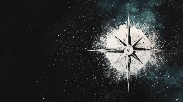 A stylized white compass rose with eight points glows against a dark, star-speckled background, symbolizing navigation and direction.