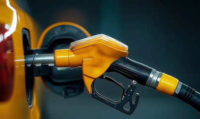 A yellow fuel pump nozzle is inserted into the fuel tank of a car at a gas station. The activity takes place in the early morning, highlighting the importance of refueling