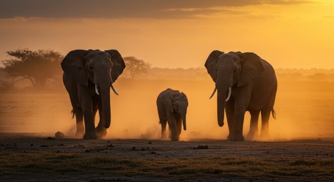 Elephant family silhouette at sunset