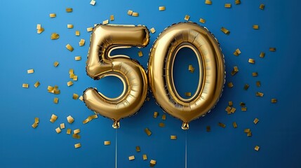 Two large golden balloons shaped like the number 50 are prominently displayed against a vibrant blue background. Golden confetti adds a festive touch, marking a significant celebration