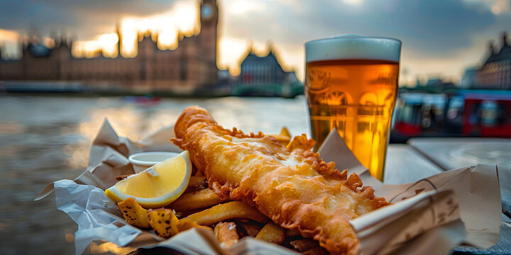 Crispy fish and chips in paper wrapping with lemon wedge, pint of beer, Big Ben in the background, cloudy London sky.