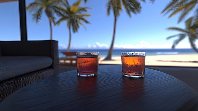 Two drinks on a beachside table.