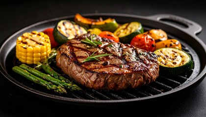 Cheesy beef steak and grilled vegetables on hot plate