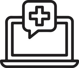 Obraz premium Black and White Laptop Icon with a Plus Sign in a Speech Bubble Online Medical Healthcare Symbol