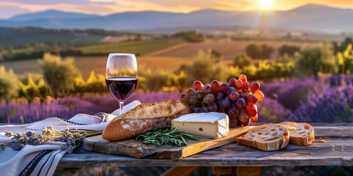 French cheese plate, fresh baguette and a glass of red wine on a wooden table, with lavender fields of Provence in the background.