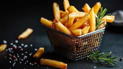 Crispy French fries in a metal basket