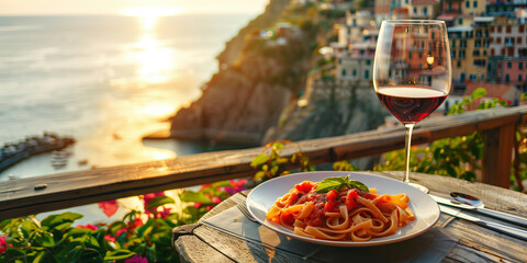 Plate of pasta with tomato sauce and basil, glass of red wine, with panoramic view of a colorful Cinque Terre village on the cliffside, Mediterranean Sea in the background.