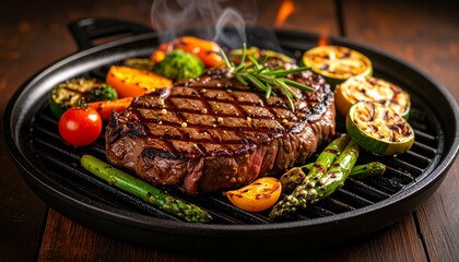 Cheesy beef steak and grilled vegetables on hot plate