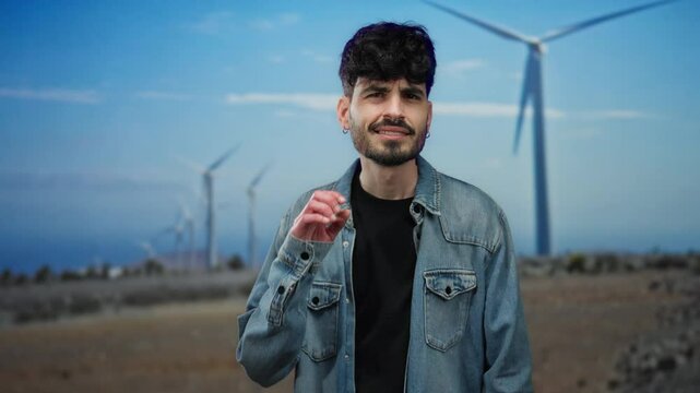 Young man in a field listening with hand to ear stands in front of windmills under blue sky wearing denim jacket showcasing nature energy and curiosity outdoors.