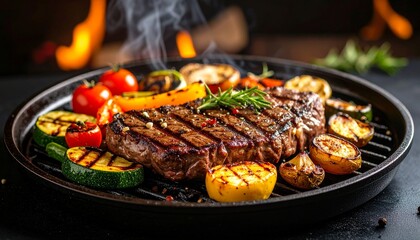 Cheesy beef steak and grilled vegetables on hot plate