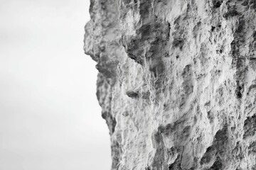 Monochrome image showcasing the detailed texture of a weathered cliff face against a bright, almost white sky.