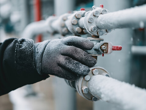 Worker adjusts frozen pipeline valve in cold environment during winter maintenance task