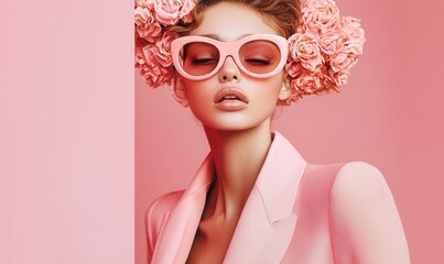 A model showcases a pink-themed fashion aesthetic, adorned with a floral headpiece and oversized sunglasses. The backdrop complements the vibrant colors, creating a harmonious and chic vibe