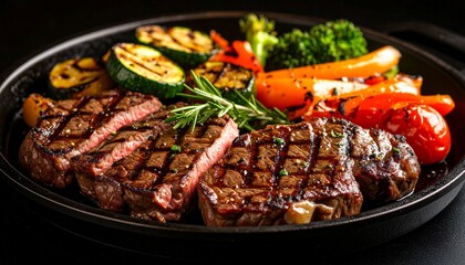 Cheesy beef steak and grilled vegetables on hot plate