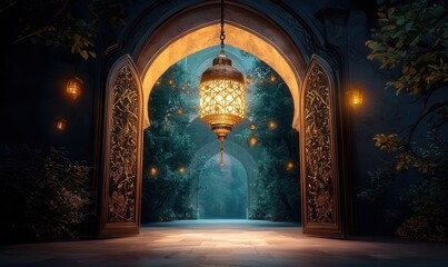 The essence of Eid Mubarak with a beautifully illuminated entrance adorned with ornate lanterns and lush greenery, creating a festive atmosphere for celebrations in 2025