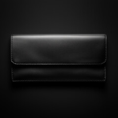 Elegant black leather wallet on dark vignette background, minimalist fold-over design with visible stitching and subtle highlights, luxury product photography style.