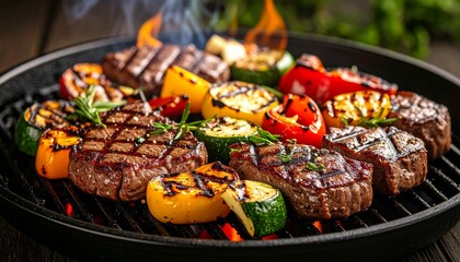 Cheesy beef steak and grilled vegetables on hot plate