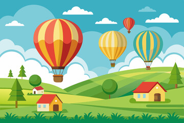 Colorful hot air balloons dot the sky, flying gracefully over a summer landscape with houses and green grass
