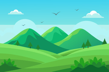 Vibrant summer mountain landscape with blue sky, green trees, and a tranquil meadow