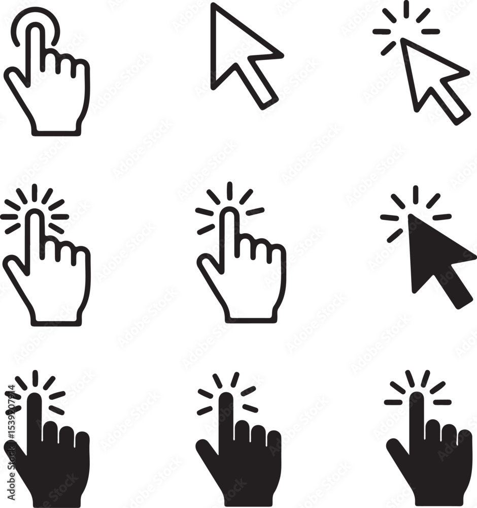 Poster variety of click and tap icons featuring hands and arrows for user interface design projects