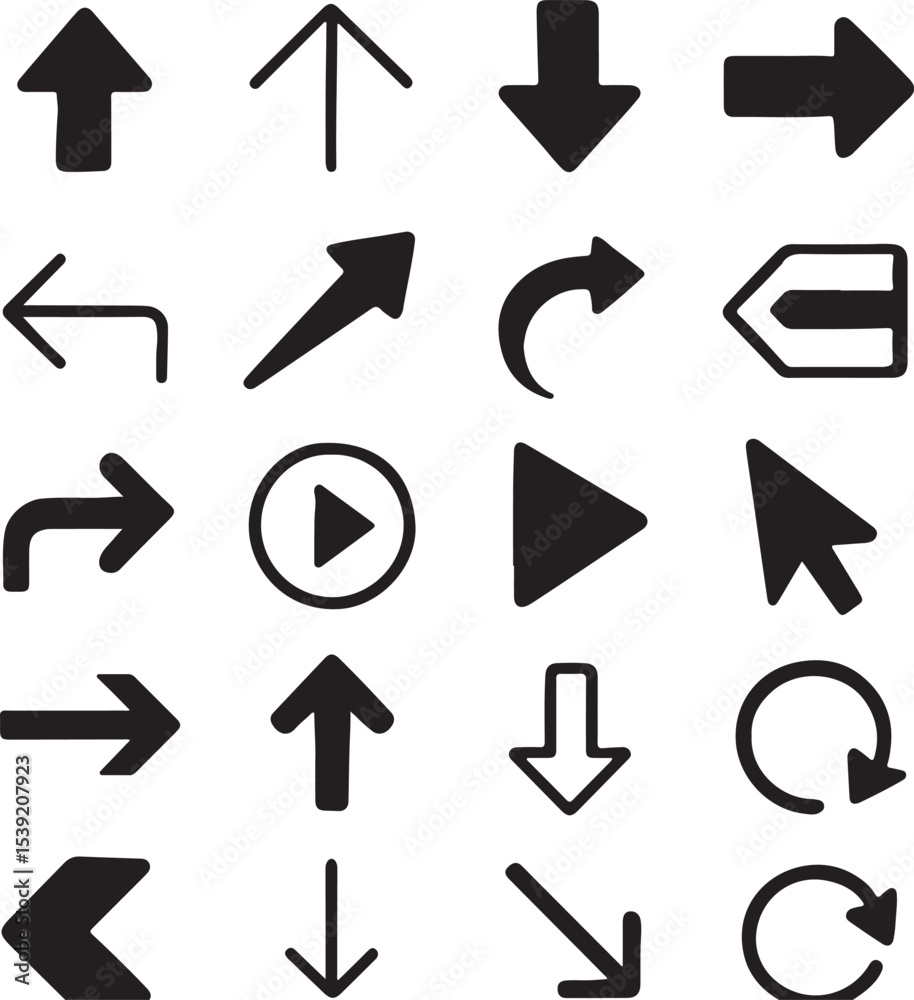 Poster Collection of Directional Arrows for Navigation and Interface Design Demonstrating Various Styles and Orientations for User Guidance and Visual Communication