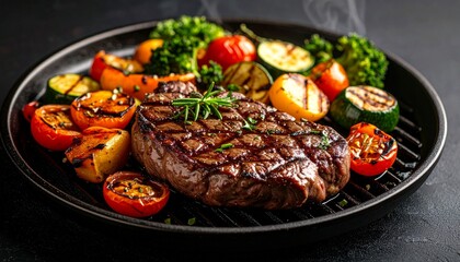 Cheesy beef steak and grilled vegetables on hot plate

