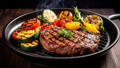 Cheesy beef steak and grilled vegetables on hot plate
