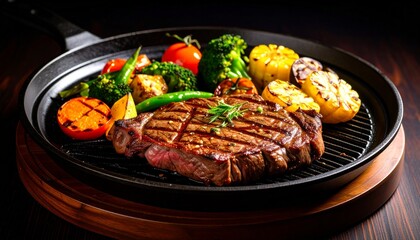 Cheesy beef steak and grilled vegetables on hot plate
