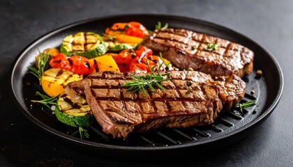 Cheesy beef steak and grilled vegetables on hot plate
