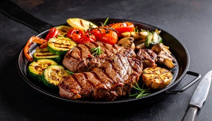 Cheesy beef steak and grilled vegetables on hot plate
