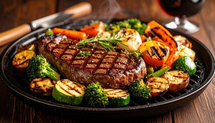Cheesy beef steak and grilled vegetables on hot plate

