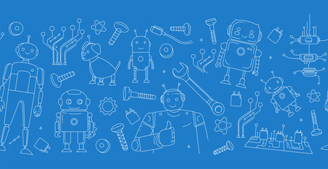 Seamless Doodle Pattern with Robots, Tools, and Microchips STEM and Engineering Theme