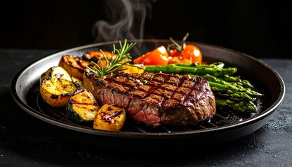 Cheesy beef steak and grilled vegetables on hot plate
