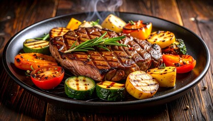 Cheesy beef steak and grilled vegetables on hot plate
