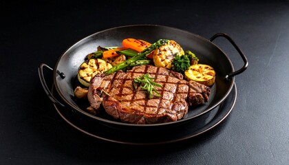 Cheesy beef steak and grilled vegetables on hot plate
