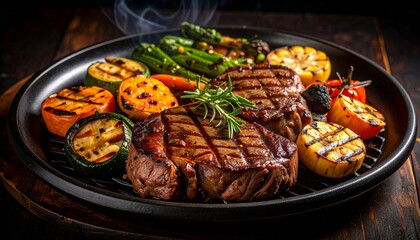 Cheesy beef steak and grilled vegetables on hot plate
